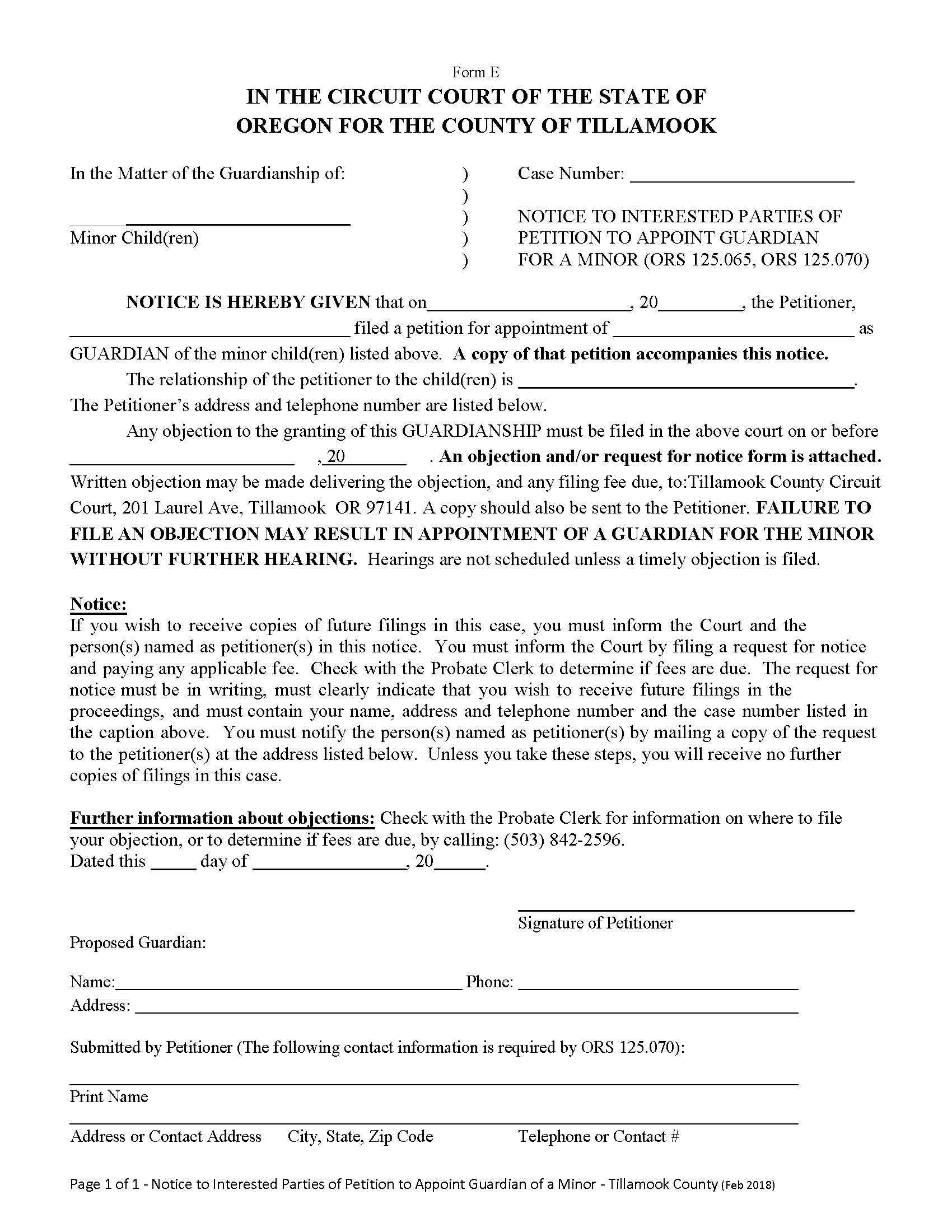 Notice To Interested Parties Of Petition To Appoint Guardian {Form E} | Pdf Fpdf Docx | Oregon