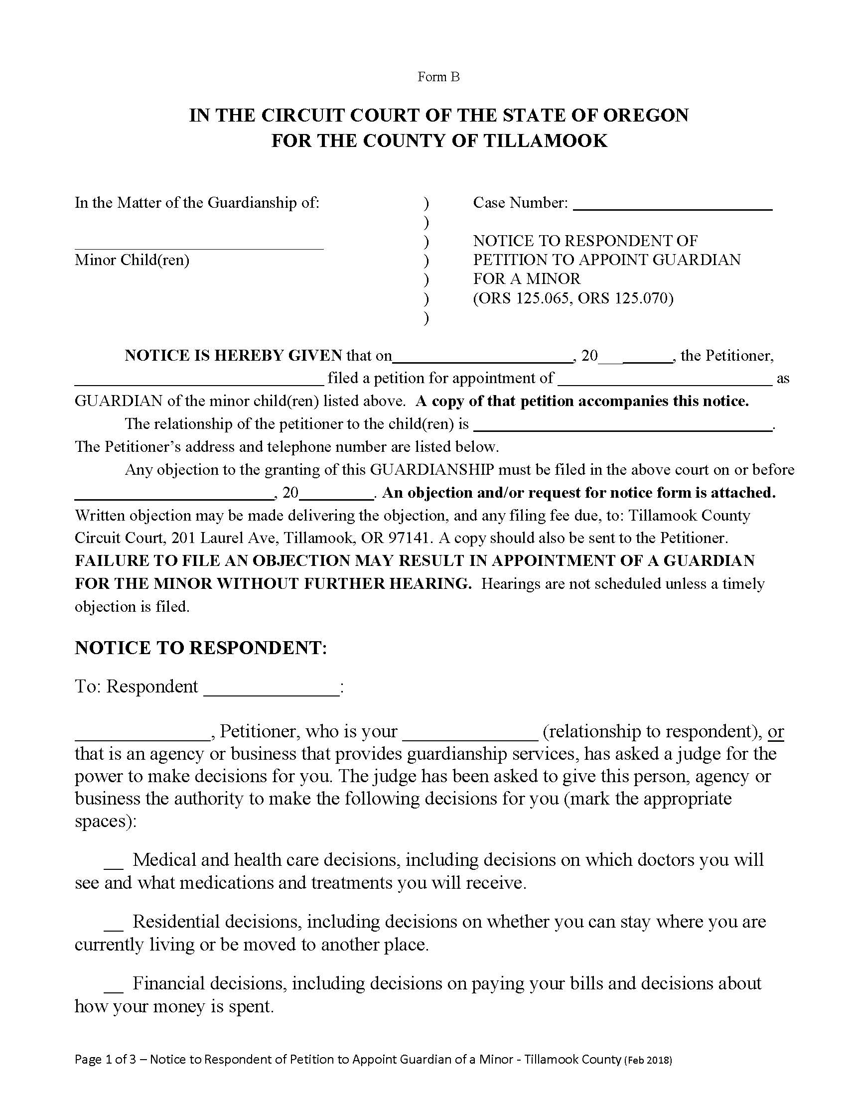 Notice To Respondent Of Petition For Guardian {Form B} | Pdf Fpdf Docx | Oregon