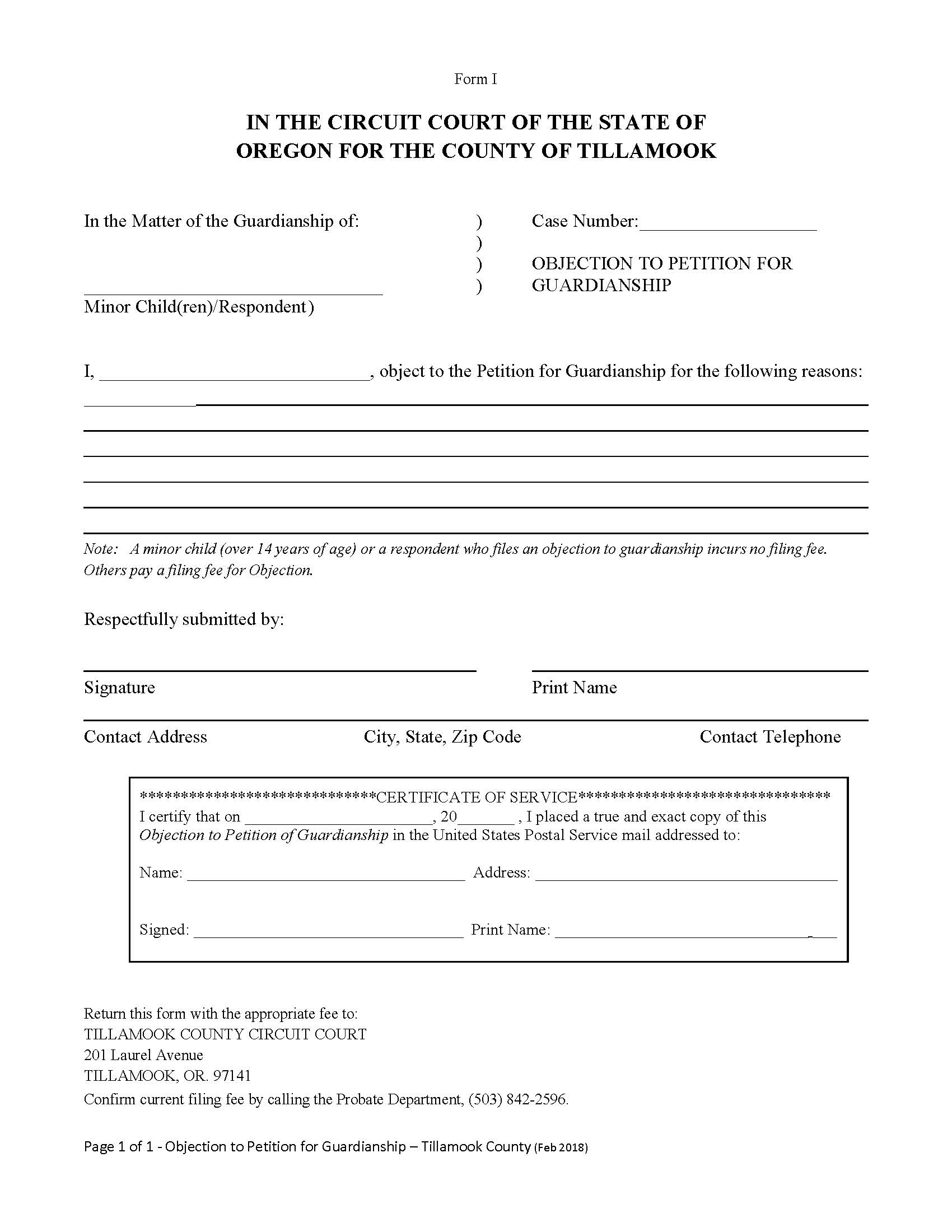 Objection To Petition For Guardianship {Form I} | Pdf Fpdf Docx | Oregon
