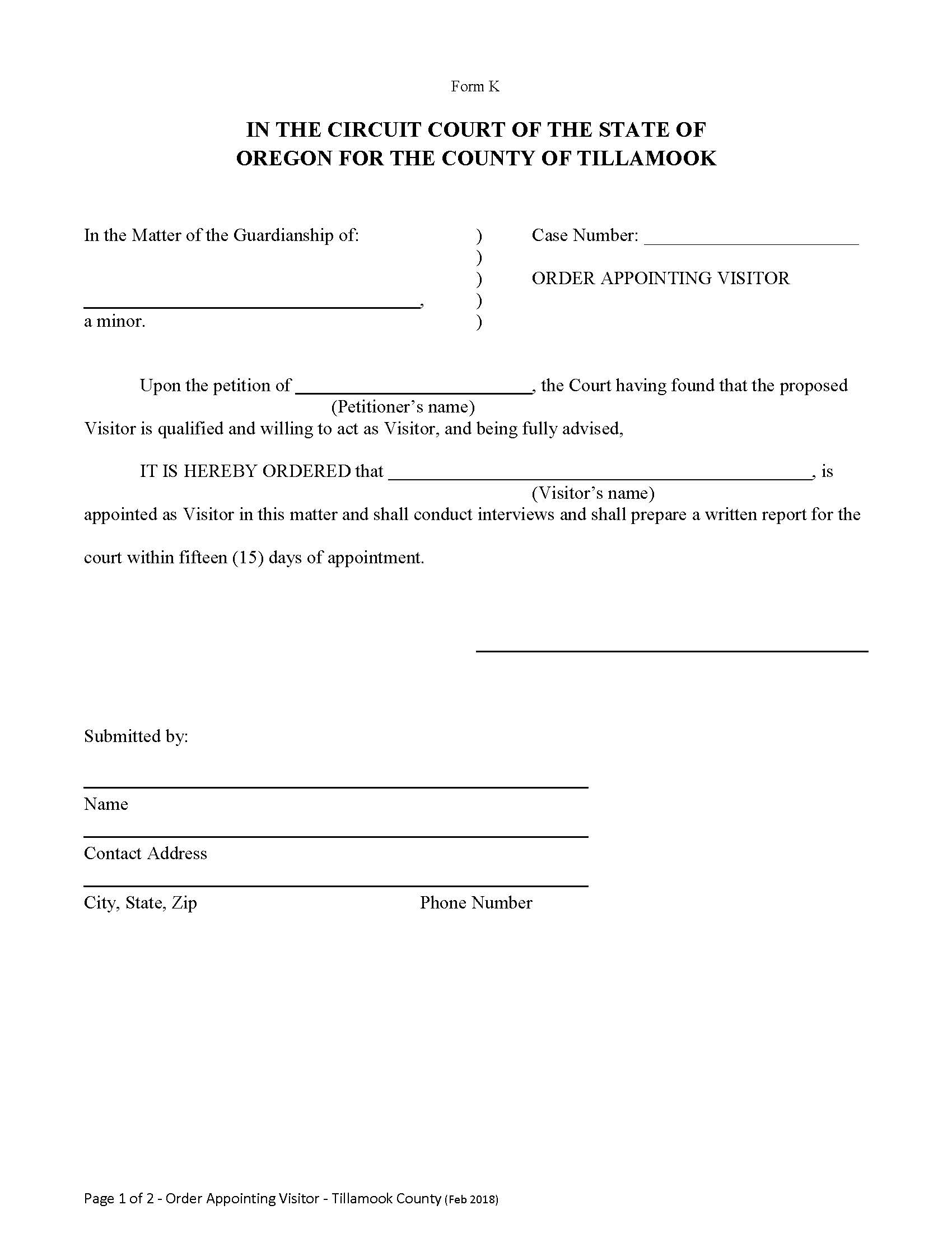 Order Appointing Visitor {Form K} | Pdf Fpdf Docx | Oregon