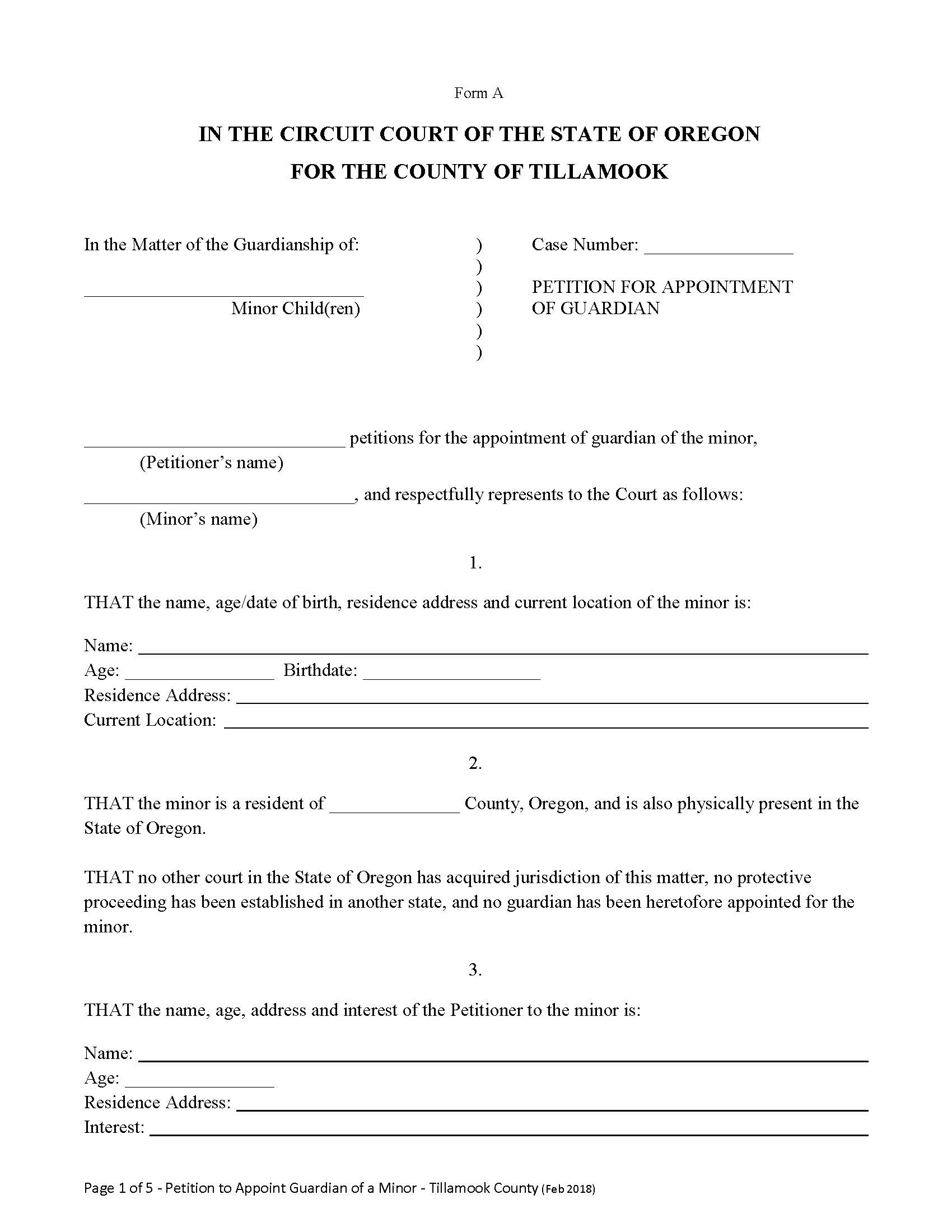 Petition For Appointment Of Guardian {Form A} | Pdf Fpdf Docx | Oregon