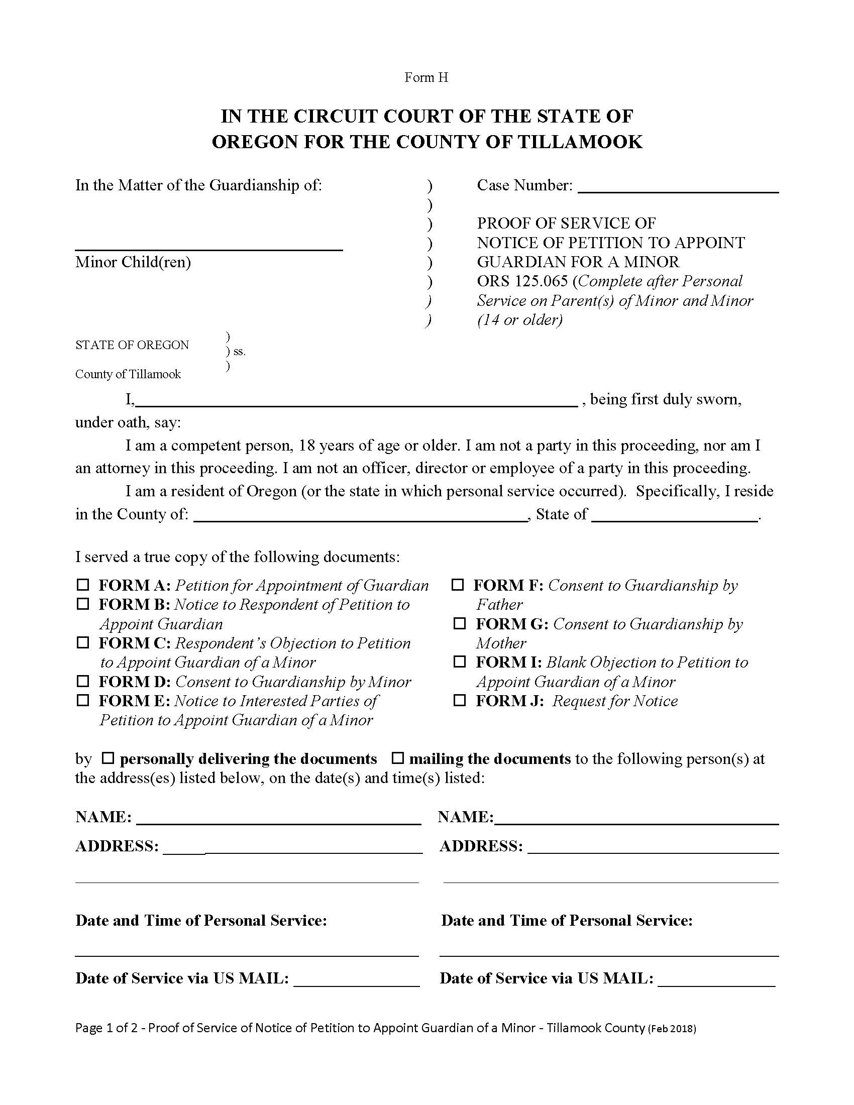 Proof Of Service Of Petition For Guardianship {Form H} | Pdf Fpdf Docx | Oregon