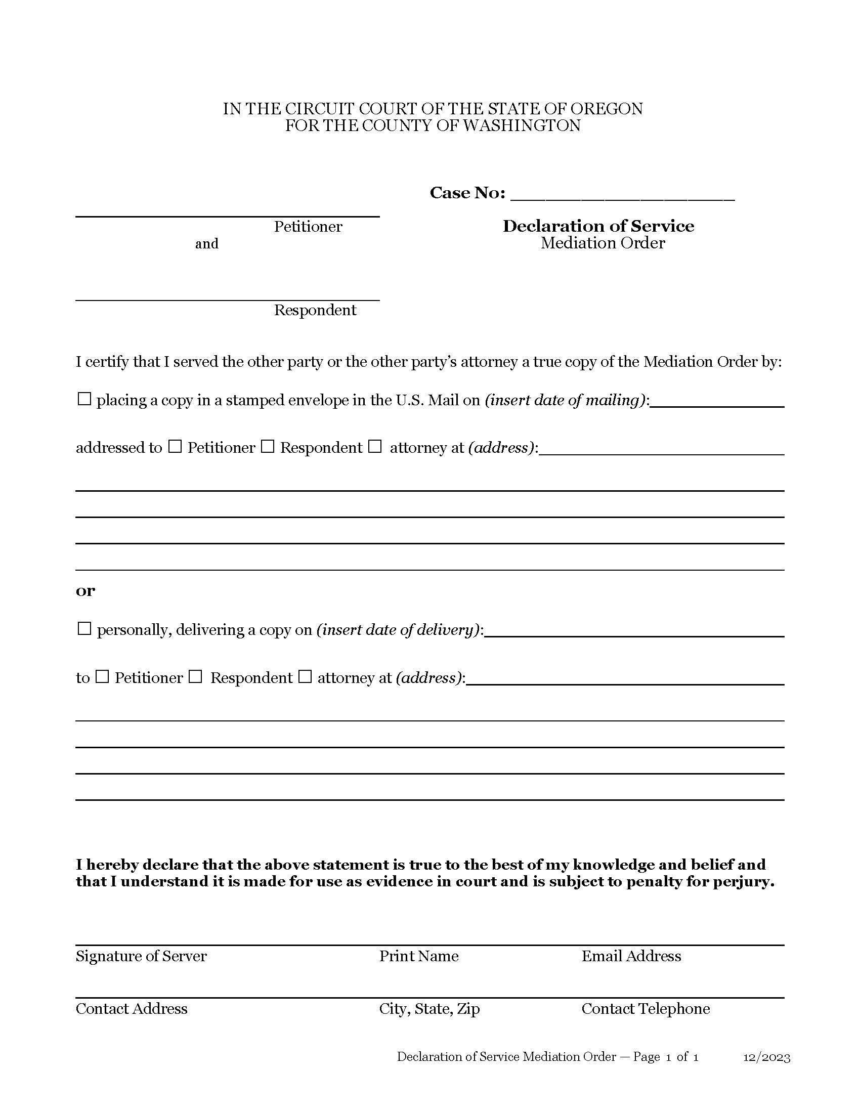 Declaration Of Service Mediation Order | Pdf Fpdf Docx | Oregon