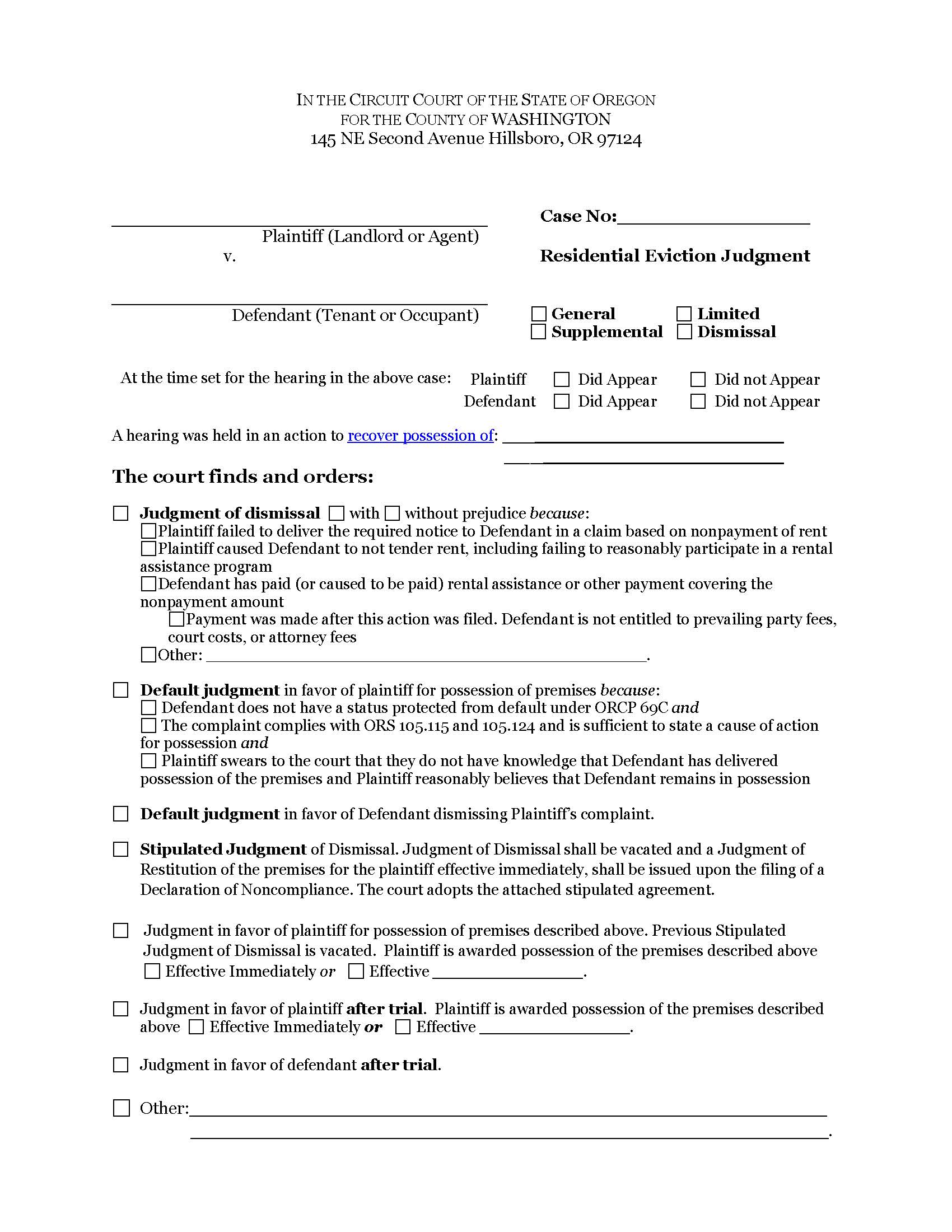 Residential Eviction Judgment | Pdf Fpdf Docx | Oregon