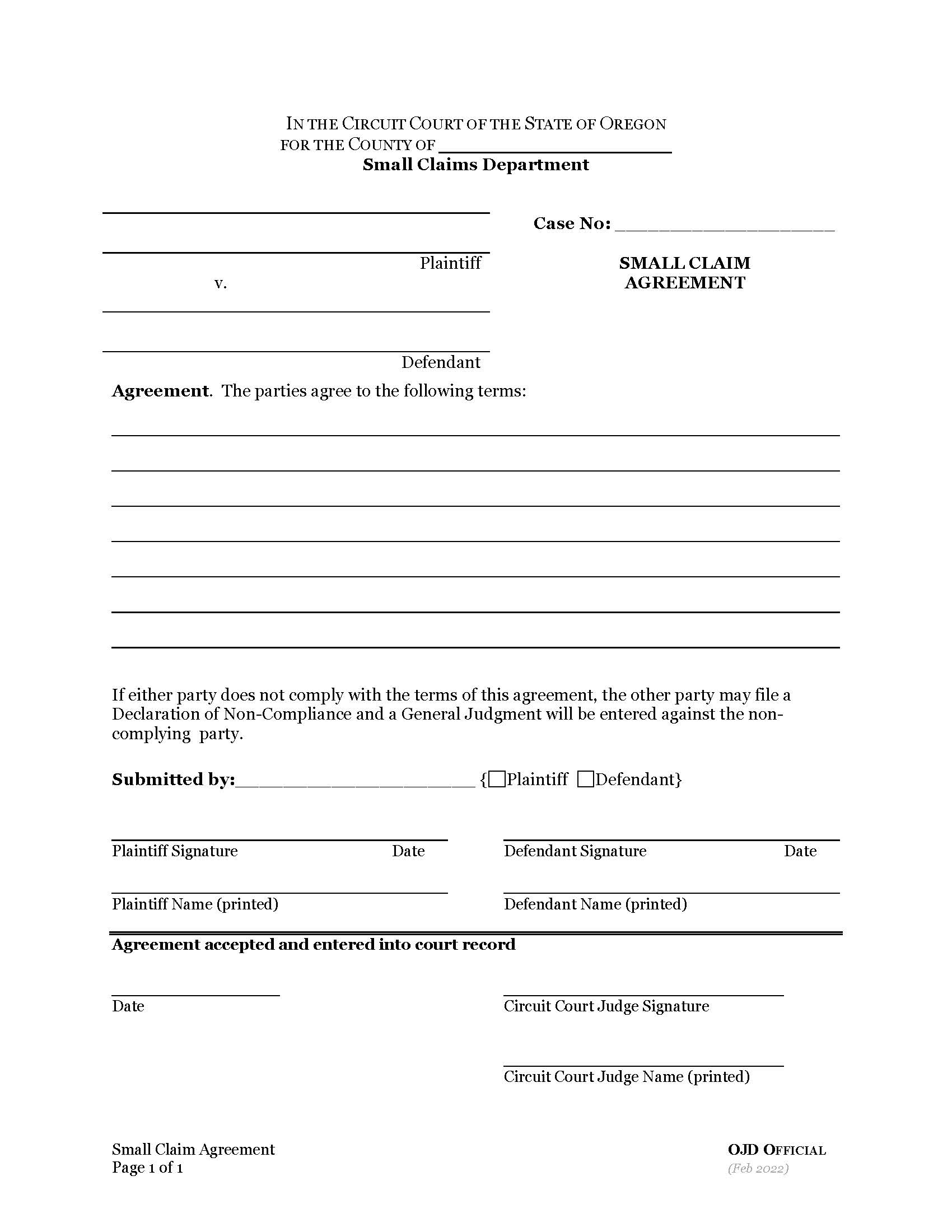 Small Claim Agreement | Pdf Fpdf Docx | Oregon