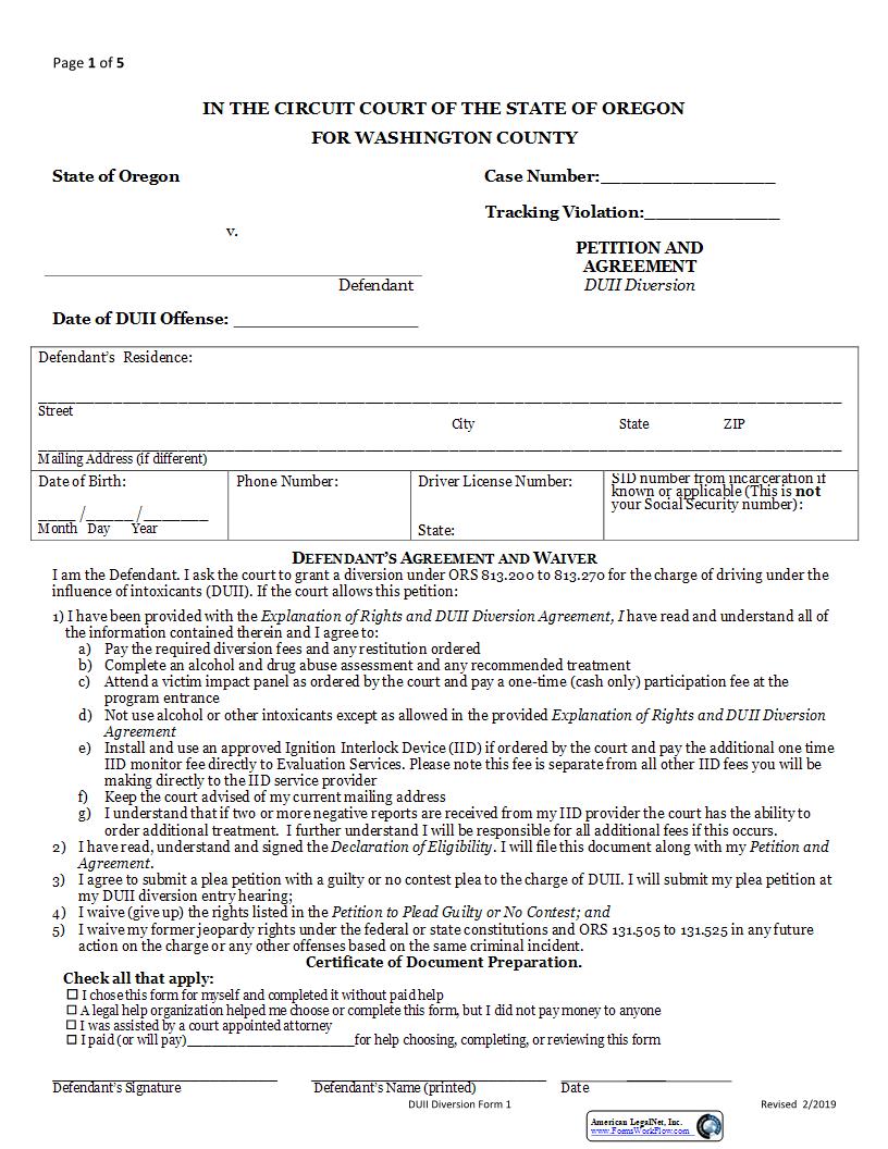 Petition And Agreement DUII Diversion {1} | Pdf Fpdf Docx | Oregon