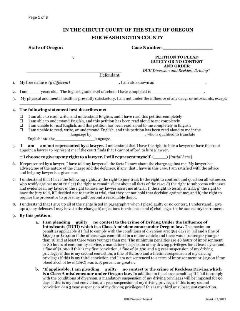 Petition To Plead Guilty Or No Contest | Pdf Fpdf Docx | Oregon