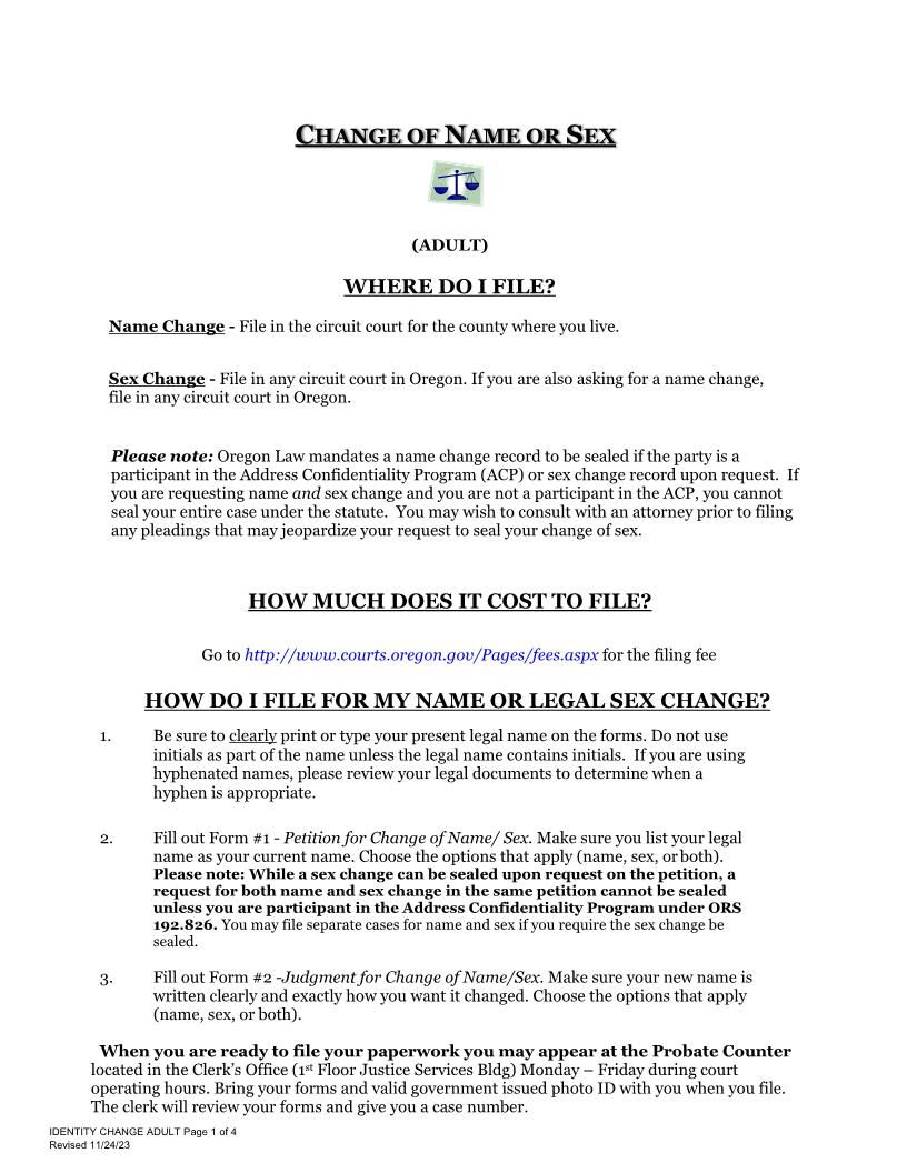 Identity Change For Adults | Pdf Fpdf Docx | Oregon