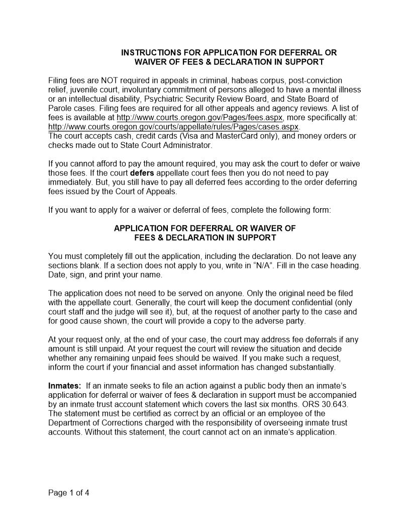 Application And Declaration For Waiver Of Fees | Pdf Fpdf Docx | Oregon