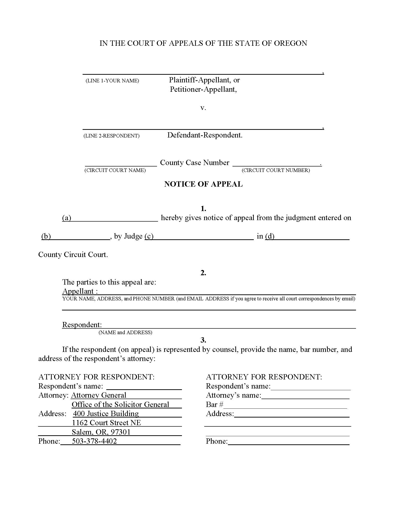 Notice Of Appeal (Habeas Corpus-Post Conviction) | Pdf Fpdf Doc Docx | Oregon