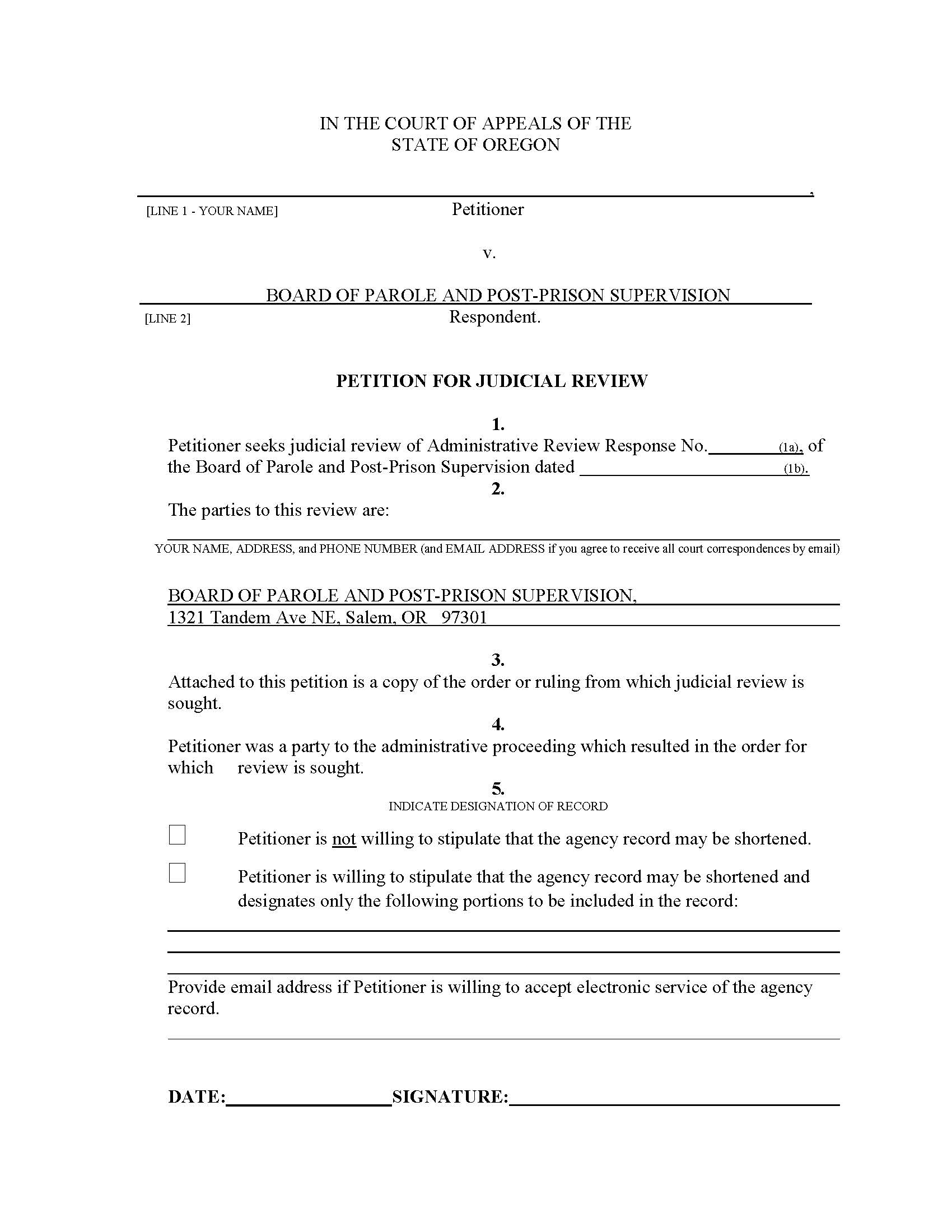 Petition For Judicial Review Board Of Parole And Post Prison Supervision | Pdf Fpdf Docx | Oregon