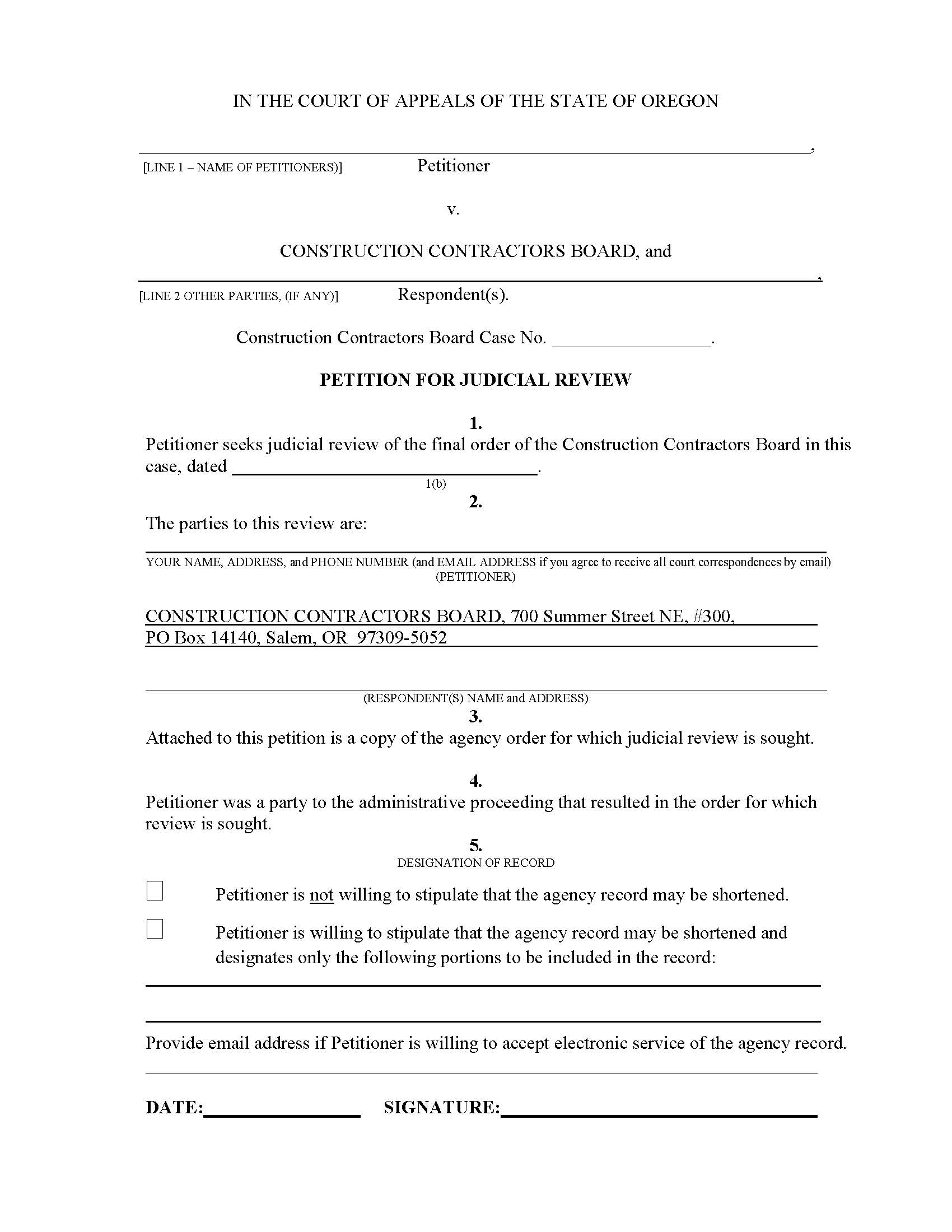 Petition For Judicial Review Construction Contractors Board | Pdf Fpdf Docx | Oregon