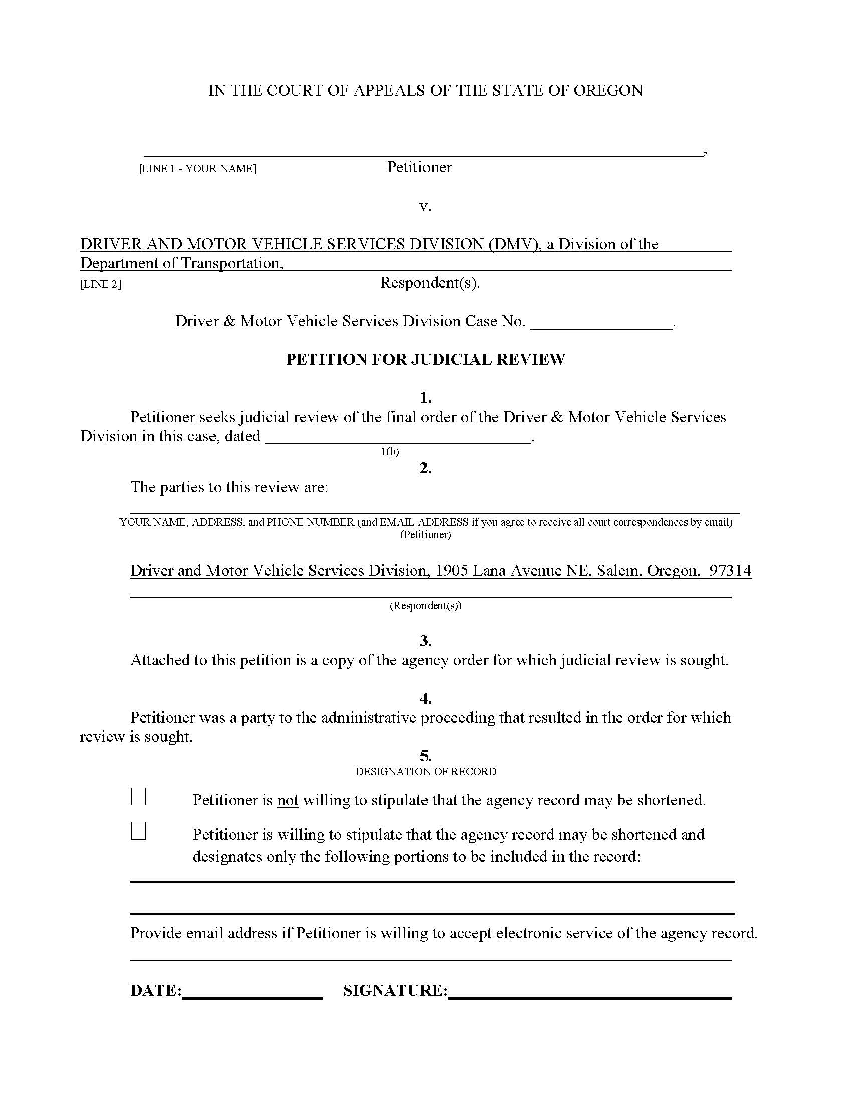 Petition For Judicial Review Driver And Motor Vehicle Services | Pdf Fpdf Docx | Oregon