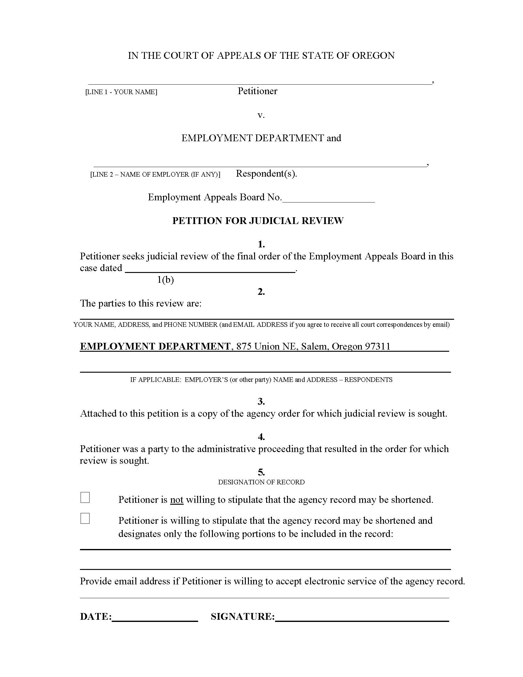 Petition For Judicial Review Employment Appeals Board Claimant | Pdf Fpdf Docx | Oregon