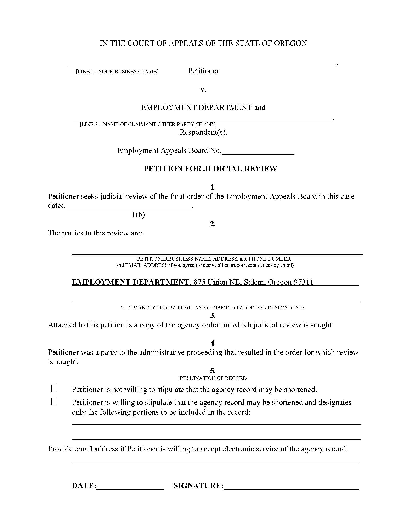 Petition For Judicial Review Employment Appeals Board Employer | Pdf Fpdf Docx | Oregon
