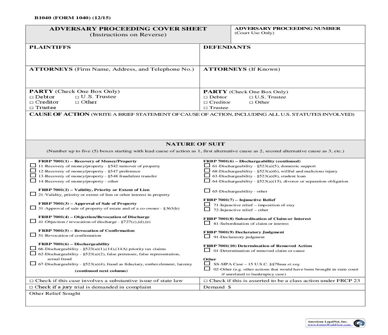 Adversary Proceeding Cover Sheet {APCS-B1040} | Pdf Fpdf Doc Docx | Oregon