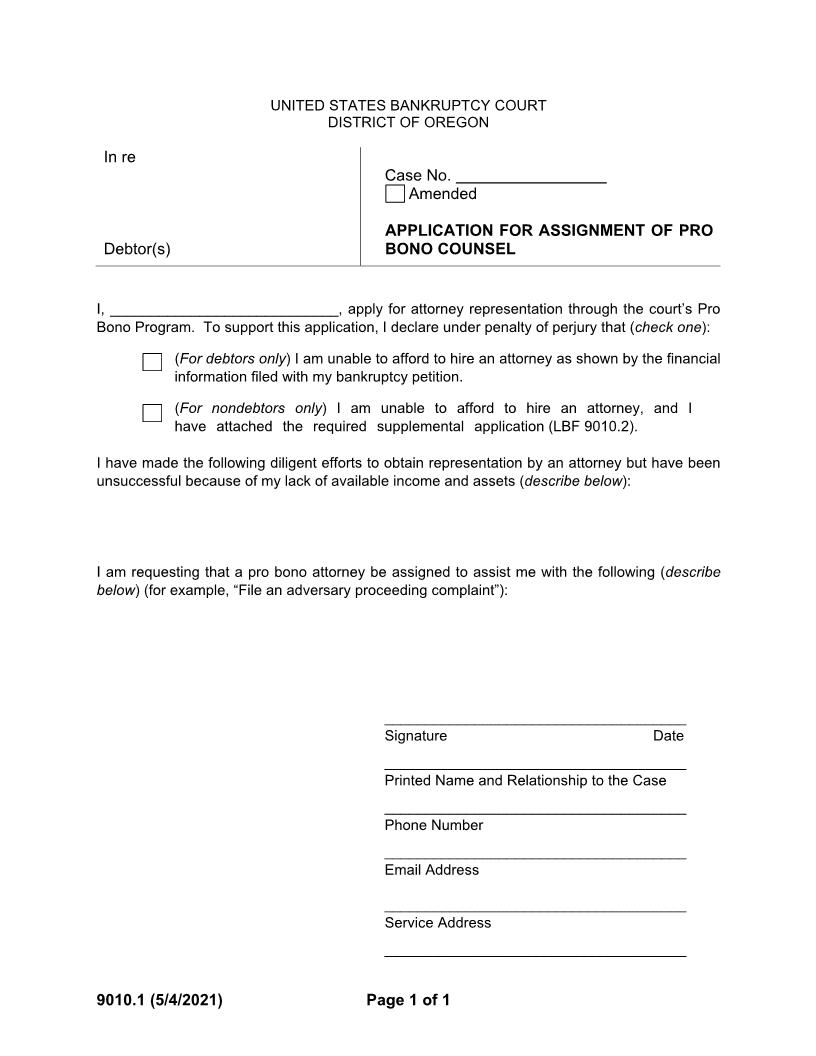 Application For Assignment Of Pro Bono Counsel {9010.1} | Pdf Fpdf Docx | Oregon