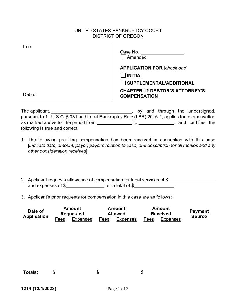 Application For Chapter 12 Debtors Attorney Compensation {1214} | Pdf Fpdf Doc Docx | Oregon