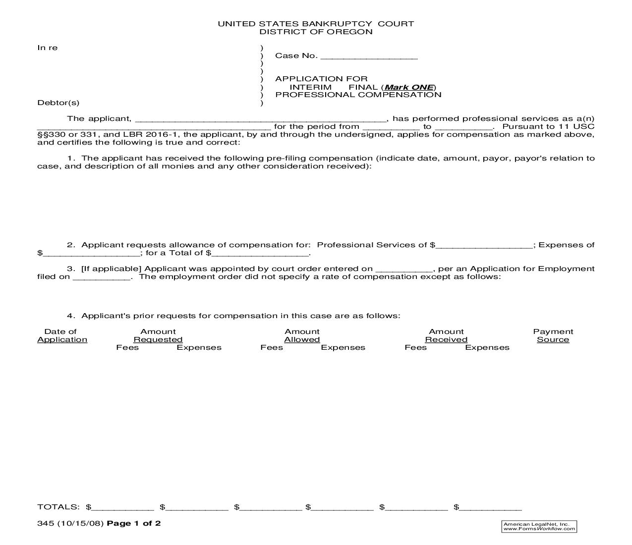 Application For Chapter 7 Or 11 Interim Or Final Professional Compensation {345} | Pdf Fpdf Doc Docx | Oregon