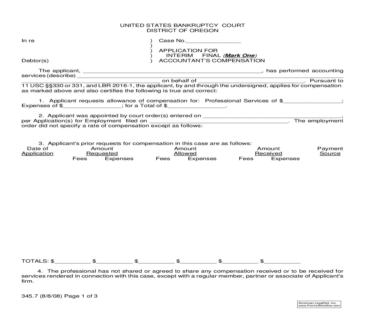 Application For Interim Or Final Accountants Compensation {345.7} | Pdf Fpdf Doc Docx | Oregon