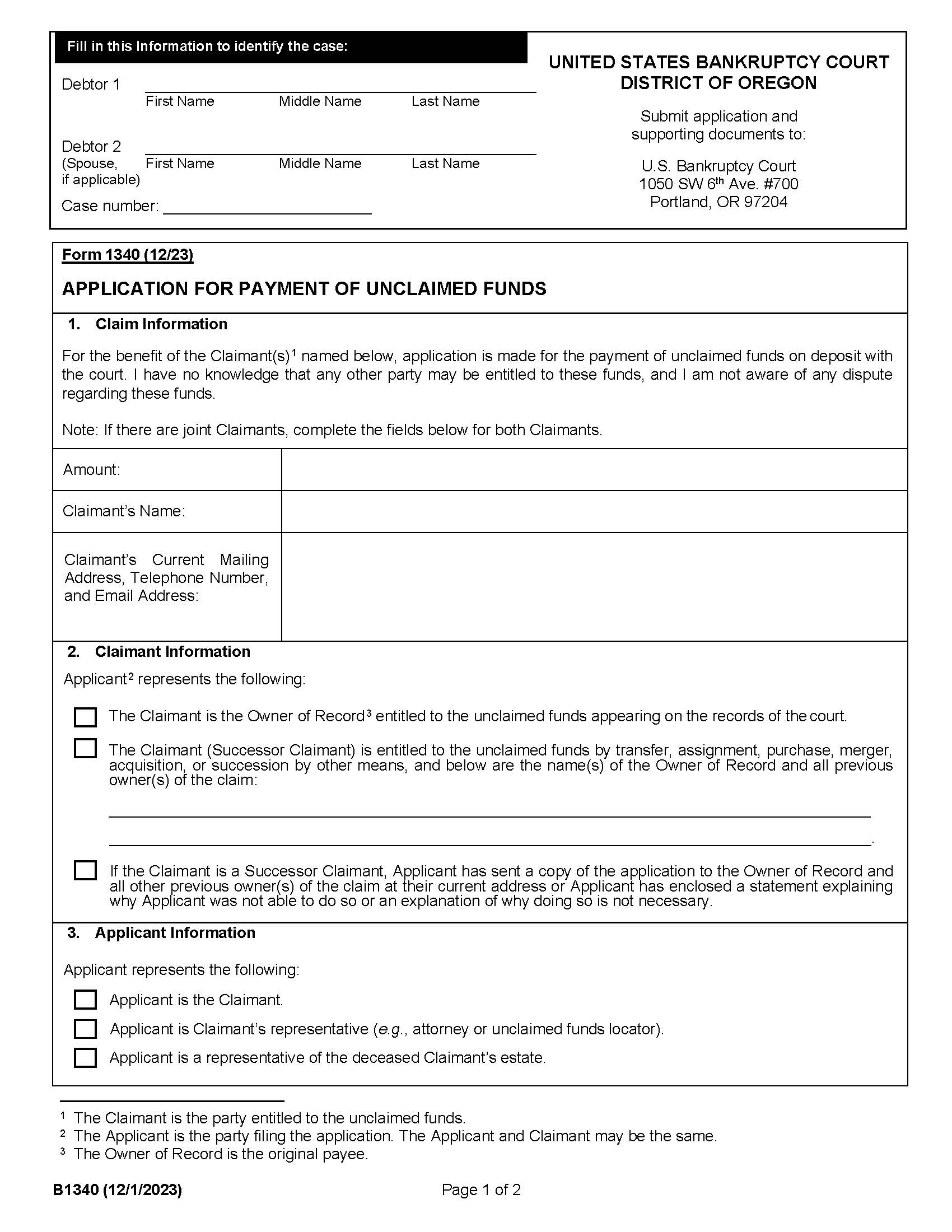 Application For Payment Of Unclaimed Funds {B1340} | Pdf Fpdf Docx | Oregon