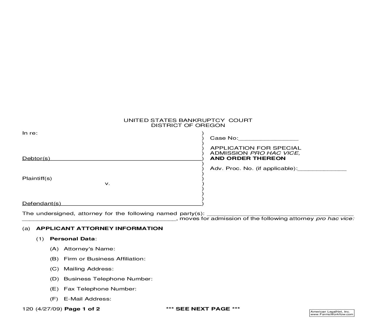 Application For Special Admission Pro Hac Vice And Order Thereon {120} | Pdf Fpdf Doc Docx | Oregon
