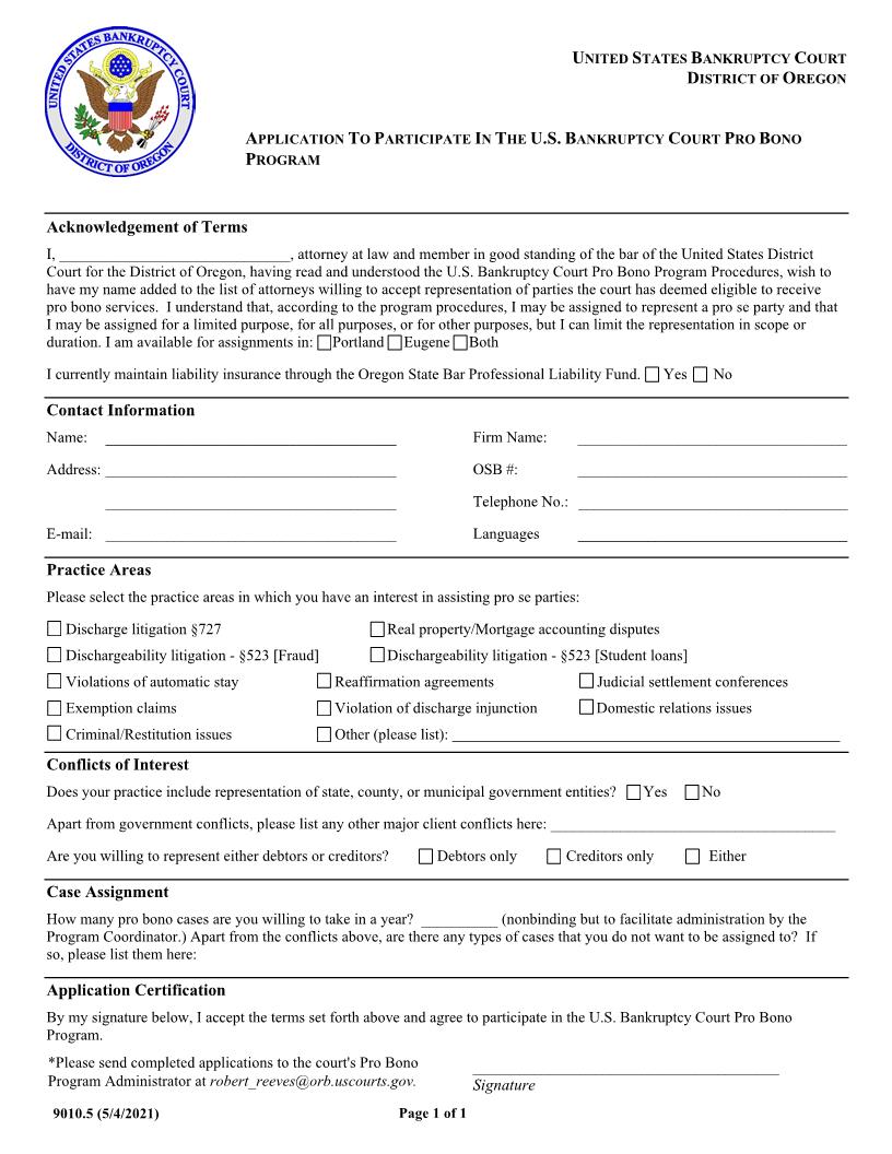 Application To Participate In Pro Bono Program {9010.5} | Pdf Fpdf Docx | Oregon