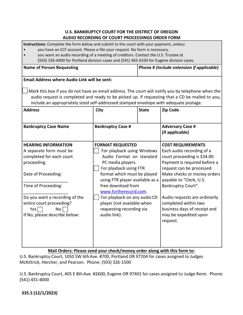 Audio Recording Of Court Proceedings Order Form {335.5} | Pdf Fpdf Docx | Oregon
