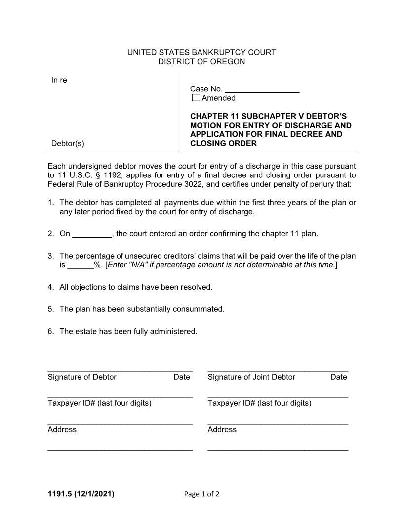 CH 11 Subchapter V Debtor Motion For Entry Of Discharge {1191.5} | Pdf Fpdf Docx | Oregon