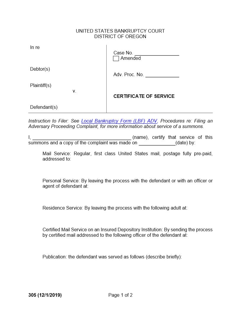 Certificate Of Service Of Summons {305} | Pdf Fpdf Doc Docx | Oregon