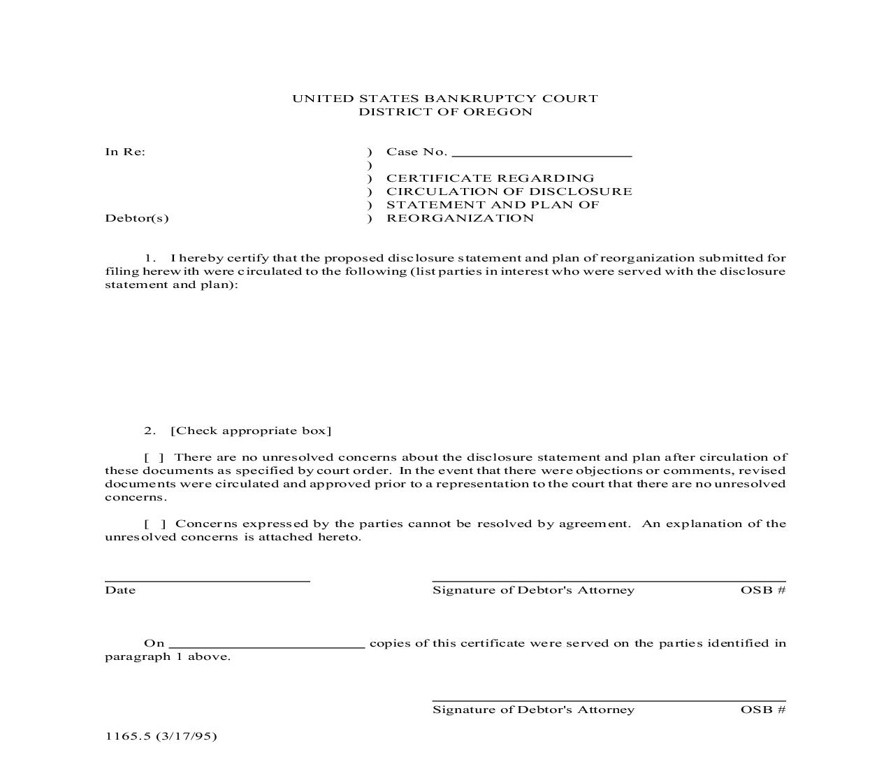 Certificate Regarding Circulation Of Disclosure Statement And Plan Of Reorganization {1165.5} | Pdf Fpdf Doc Docx | Oregon