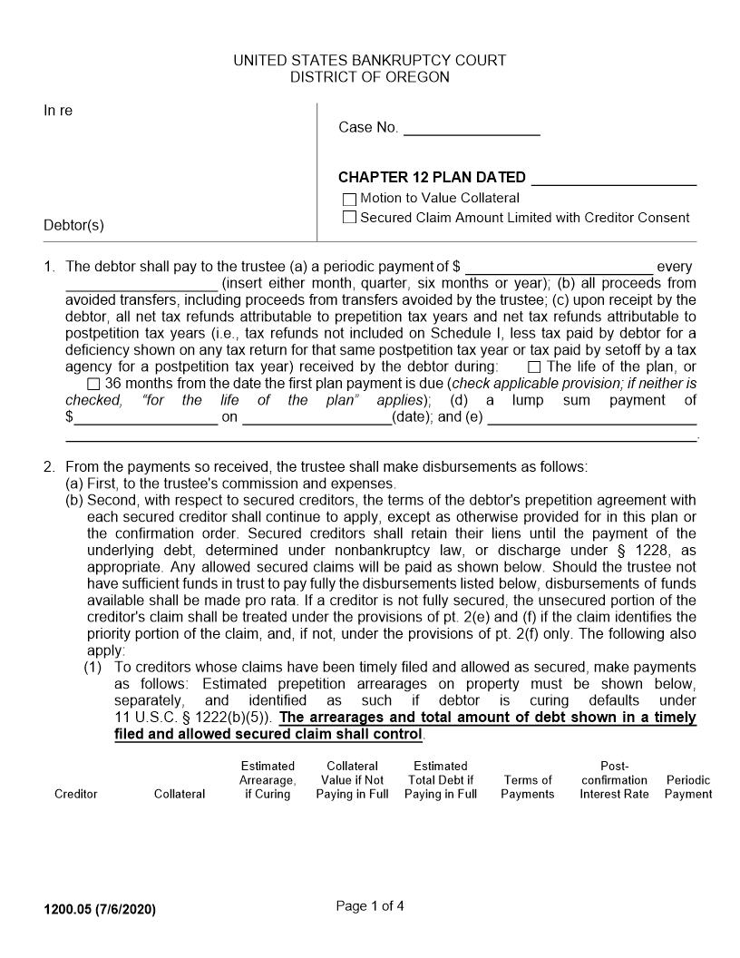 Chapter 12 Plan-Motion To Value Collateral And Secured Claim Amount {1200.05} | Pdf Fpdf Doc Docx | Oregon