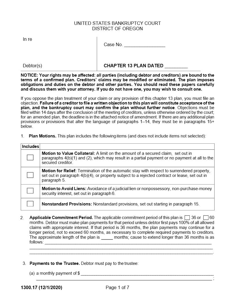 Chapter 13 Plan {1300.17} | Pdf Fpdf Docx | Oregon