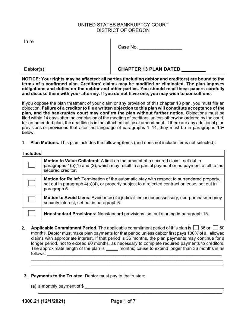 Chapter 13 Plan 2021 {1300.21} | Pdf Fpdf Docx | Oregon