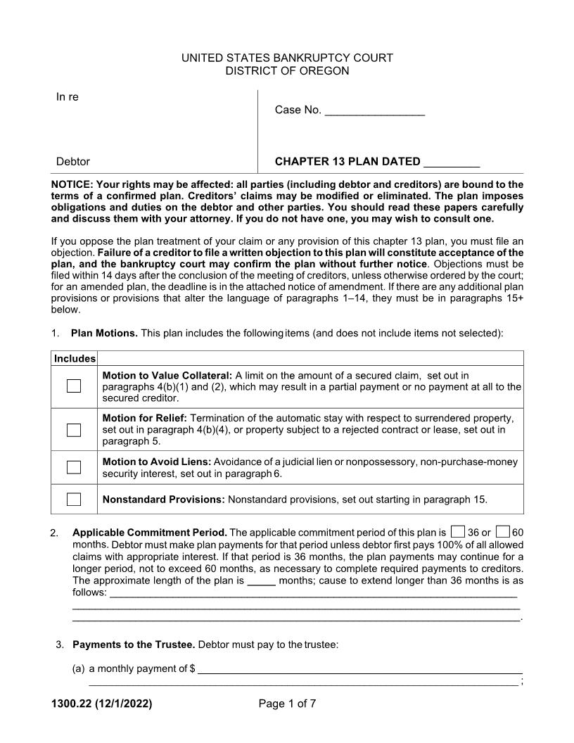 Chapter 13 Plan 2022 {1300.22} | Pdf Fpdf Docx | Oregon