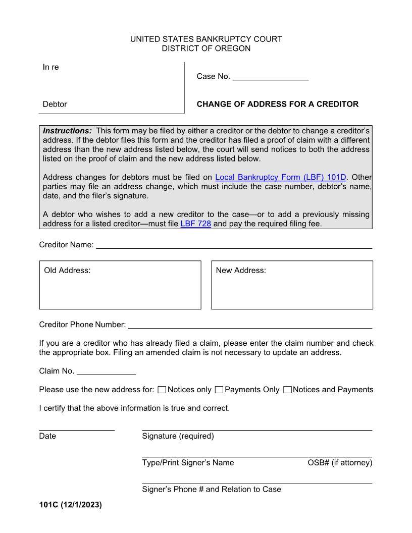 Creditor Change Of Address {101C} | Pdf Fpdf Doc Docx | Oregon