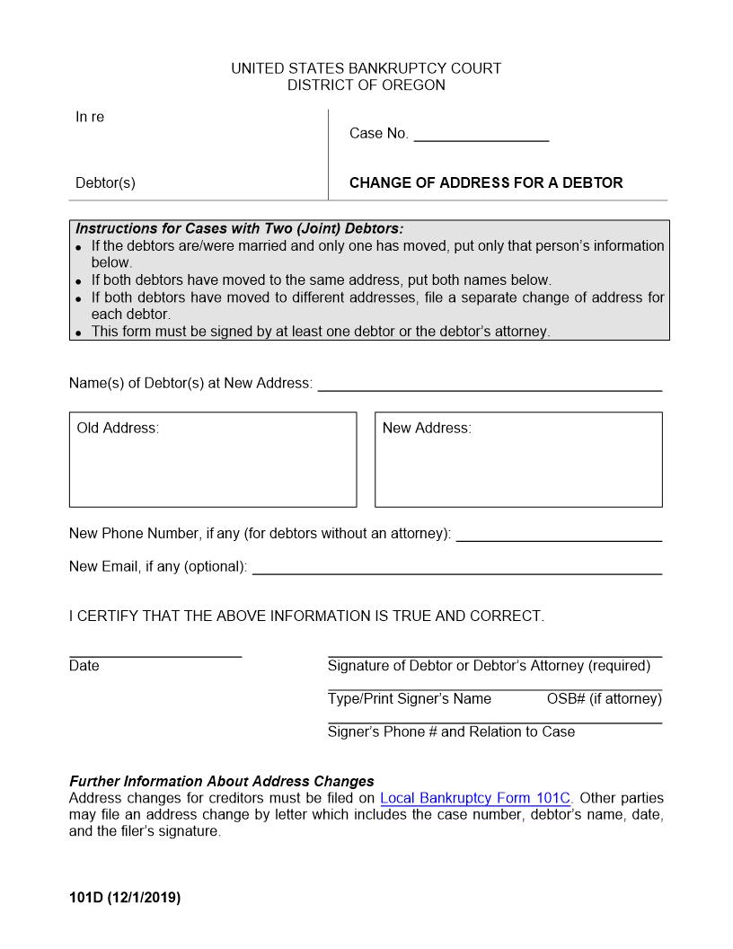 Debtor Change Of Address {101D} | Pdf Fpdf Doc Docx | Oregon