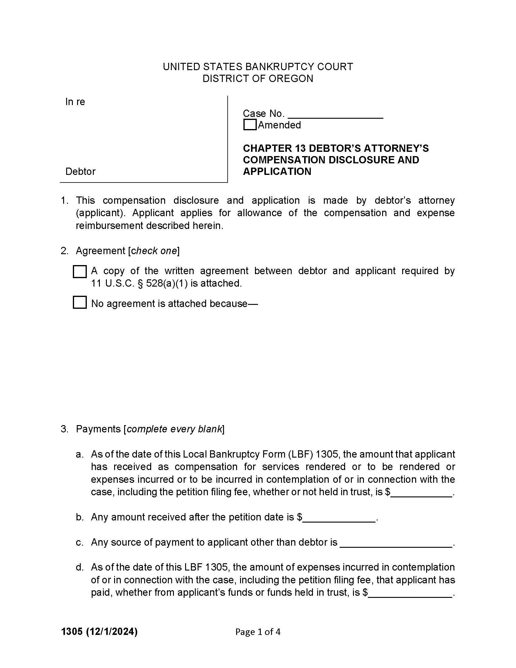 Debtors Attorneys Disclosure Of Compensation (Ch 13) {1305} | Pdf Fpdf Docx | Oregon