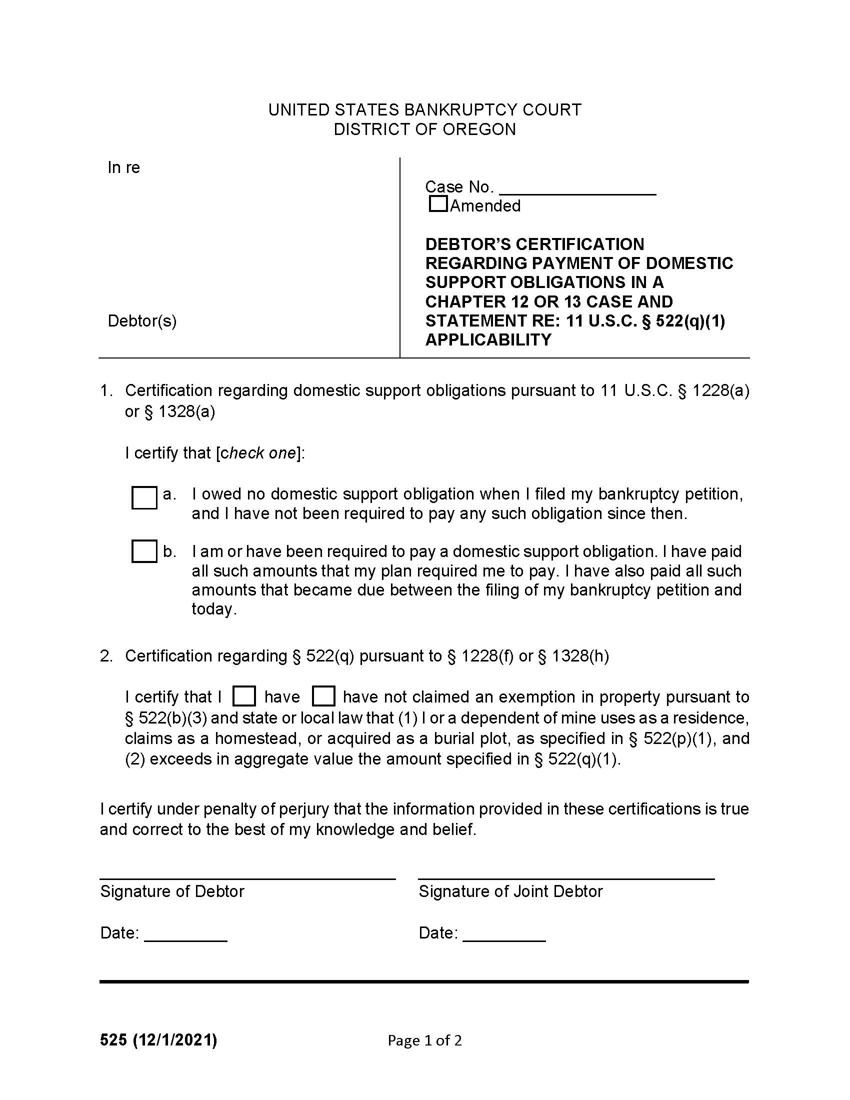 Debtors Certification Re Payment Of Domestic Support Obligations {525} | Pdf Fpdf Doc Docx | Oregon