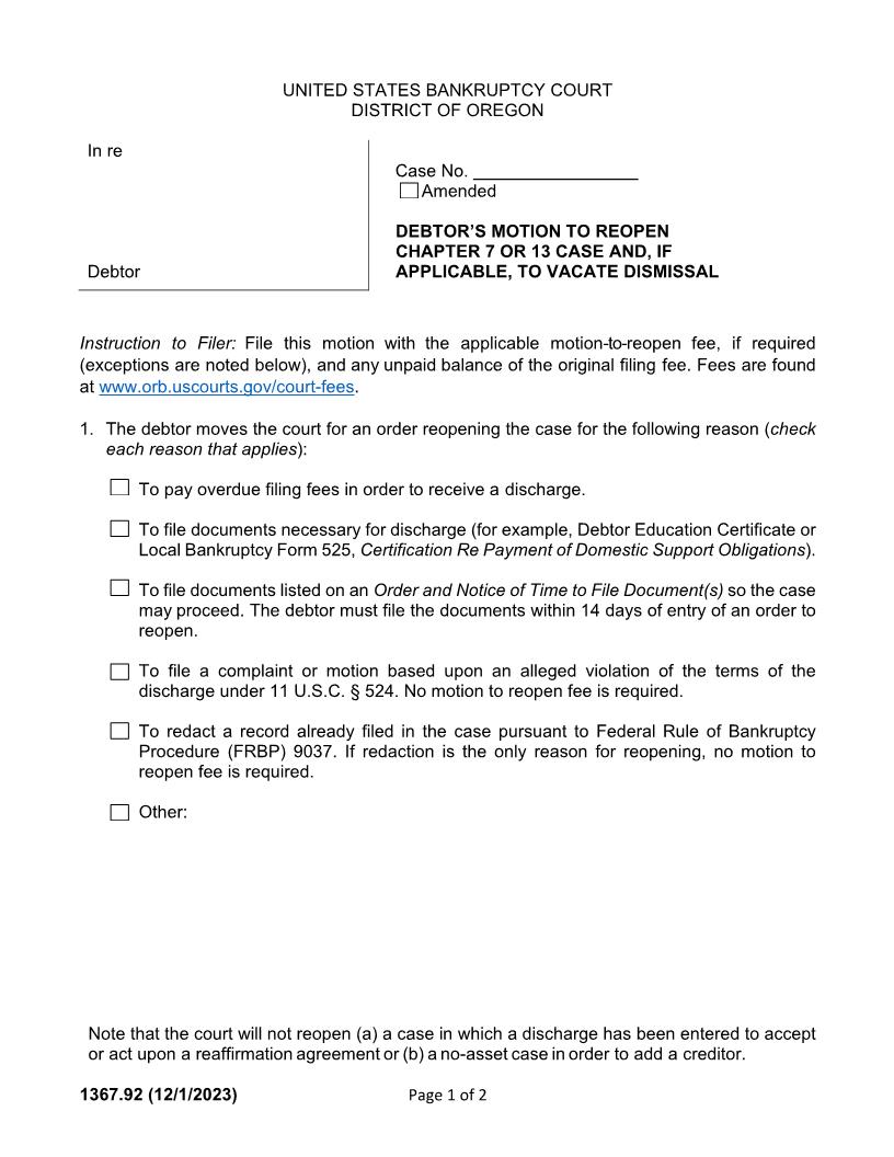 Debtors Motion To Reopen Ch 7 Or 13 Case {1367.92} | Pdf Fpdf Docx | Oregon
