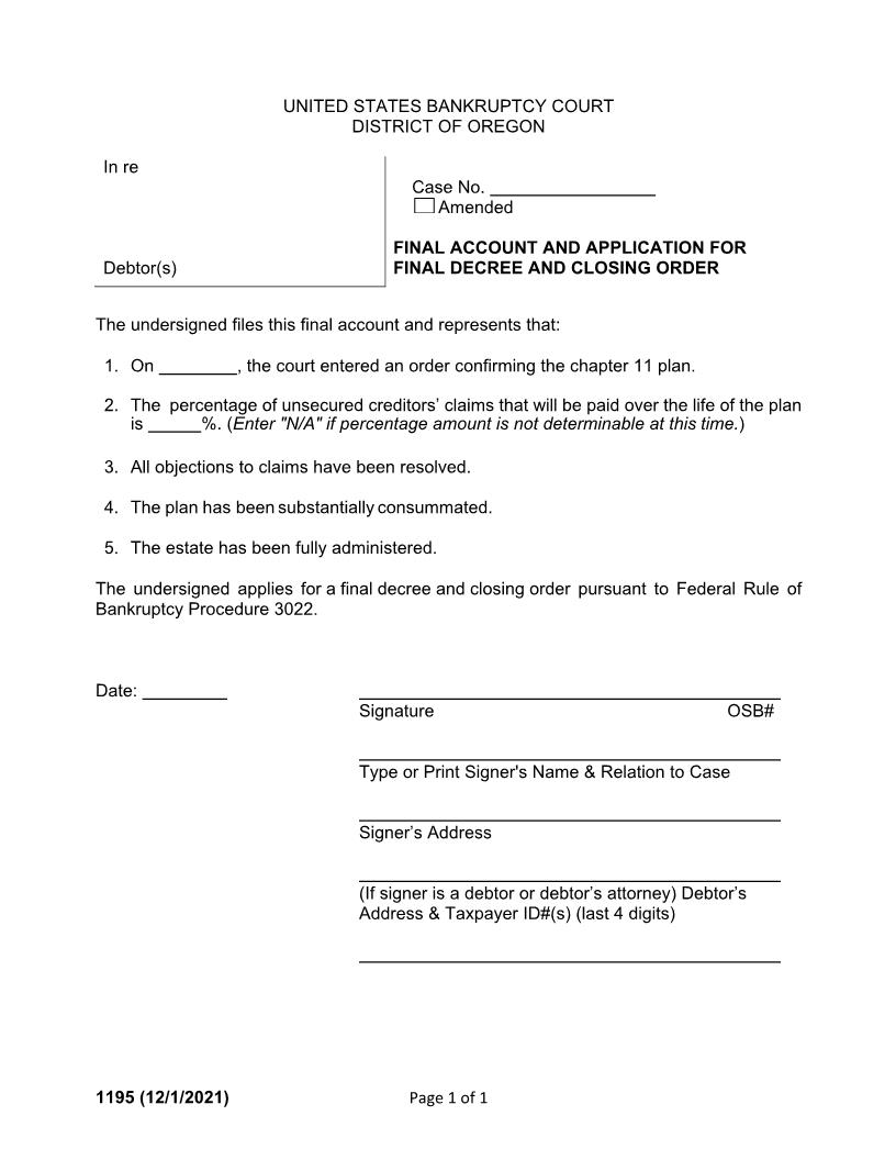 Final Account And Application For Entry Of Final Decree {1195} | Pdf Fpdf Doc Docx | Oregon