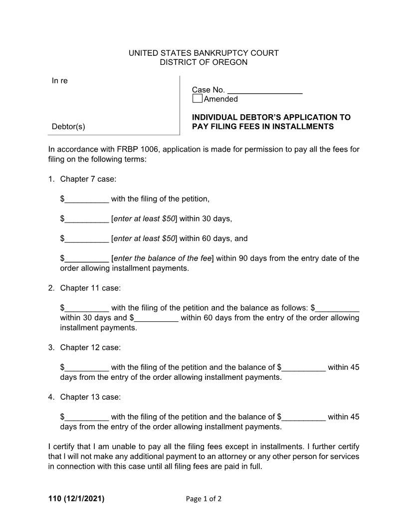 Individual Debtors Application To Pay Filing Fees In Installments {110} | Pdf Fpdf Doc Docx | Oregon