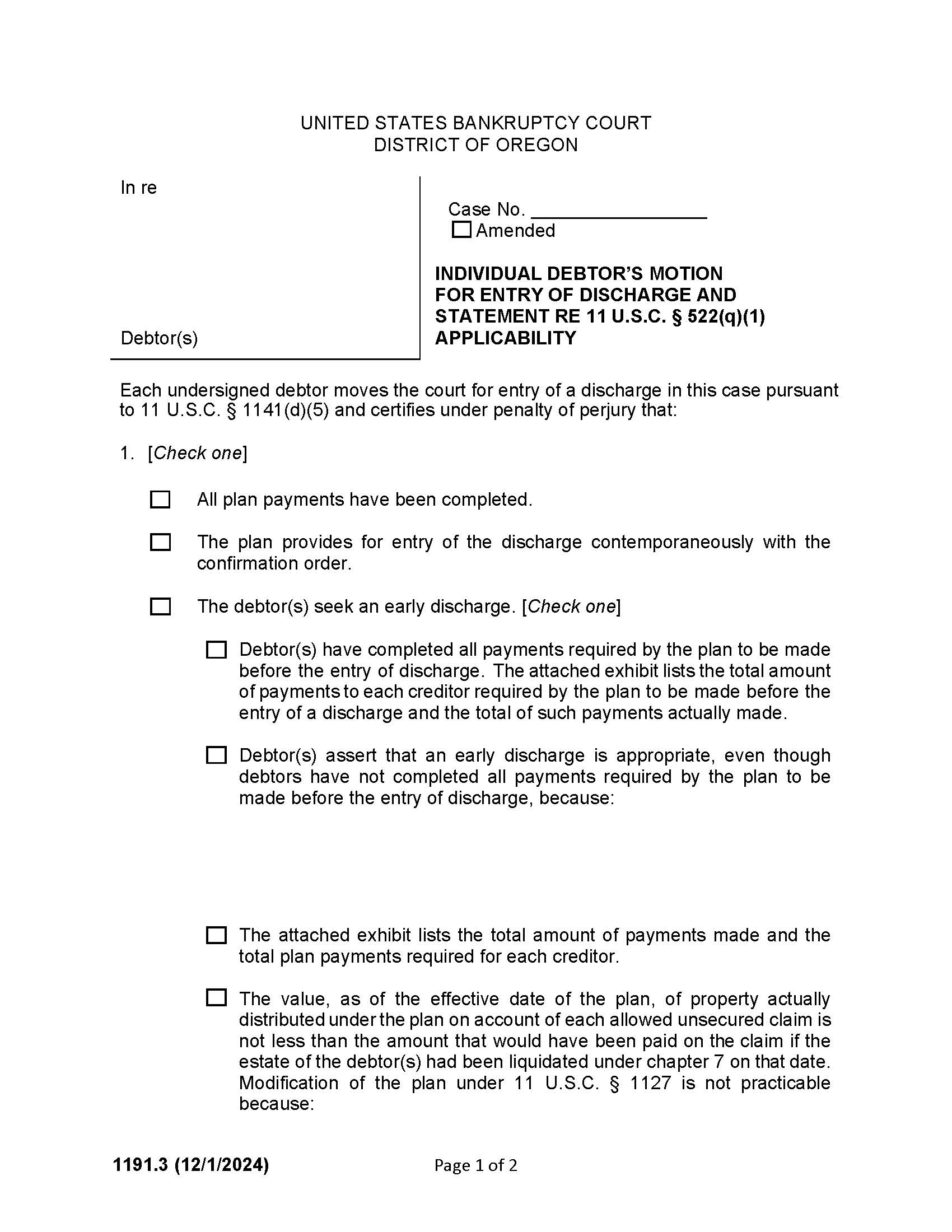 Individual Debtors Motion For Entry Of Discharge {1191.3} | Pdf Fpdf Docx | Oregon