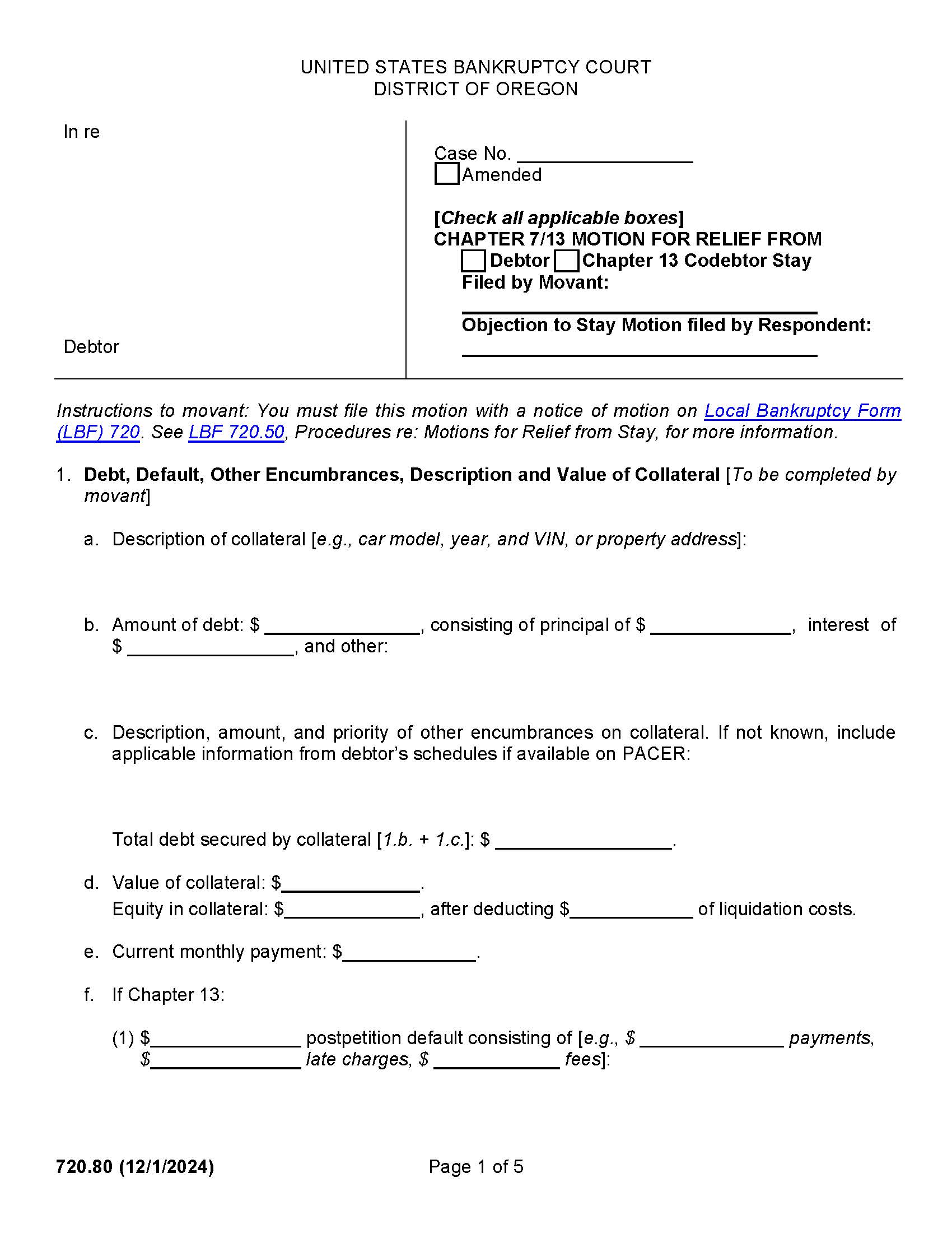 Motion For Relief Debtor Or Codebtor Stay {720.80} | Pdf Fpdf Docx | Oregon