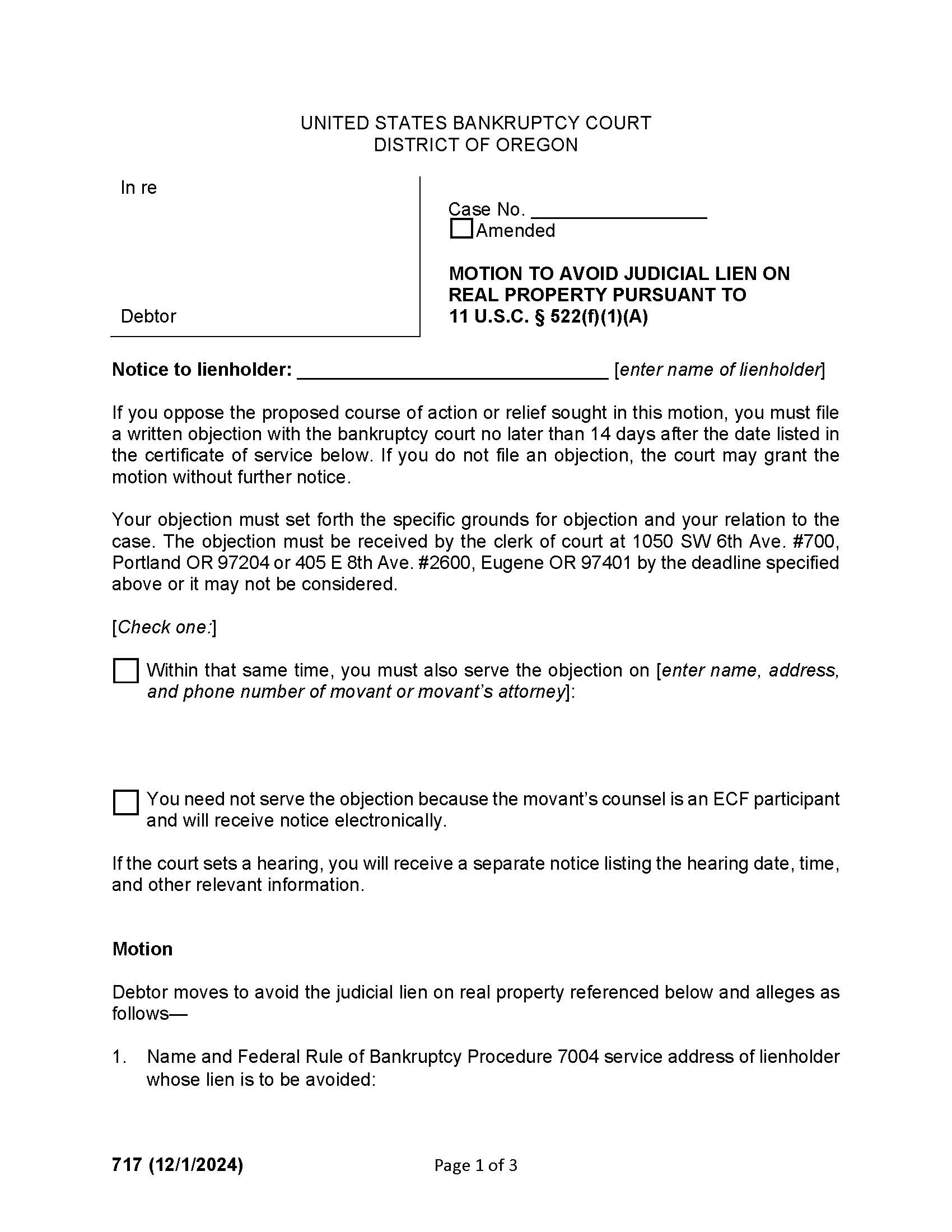 Motion To Avoid Judicial Lien On Real Property {717} | Pdf Fpdf Doc Docx | Oregon