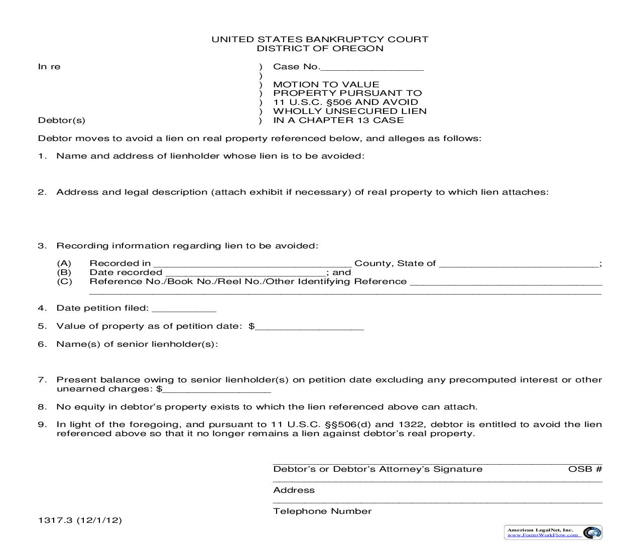 Motion To Value Property Pursuant To 11 USC 506 And Avoid {1317.3} | Pdf Fpdf Doc Docx | Oregon
