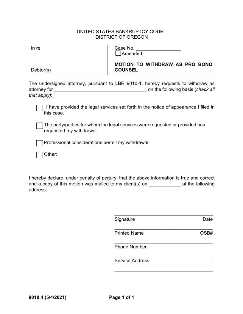 Motion To Withdraw As Pro Bono Counsel {9010.4} | Pdf Fpdf Docx | Oregon