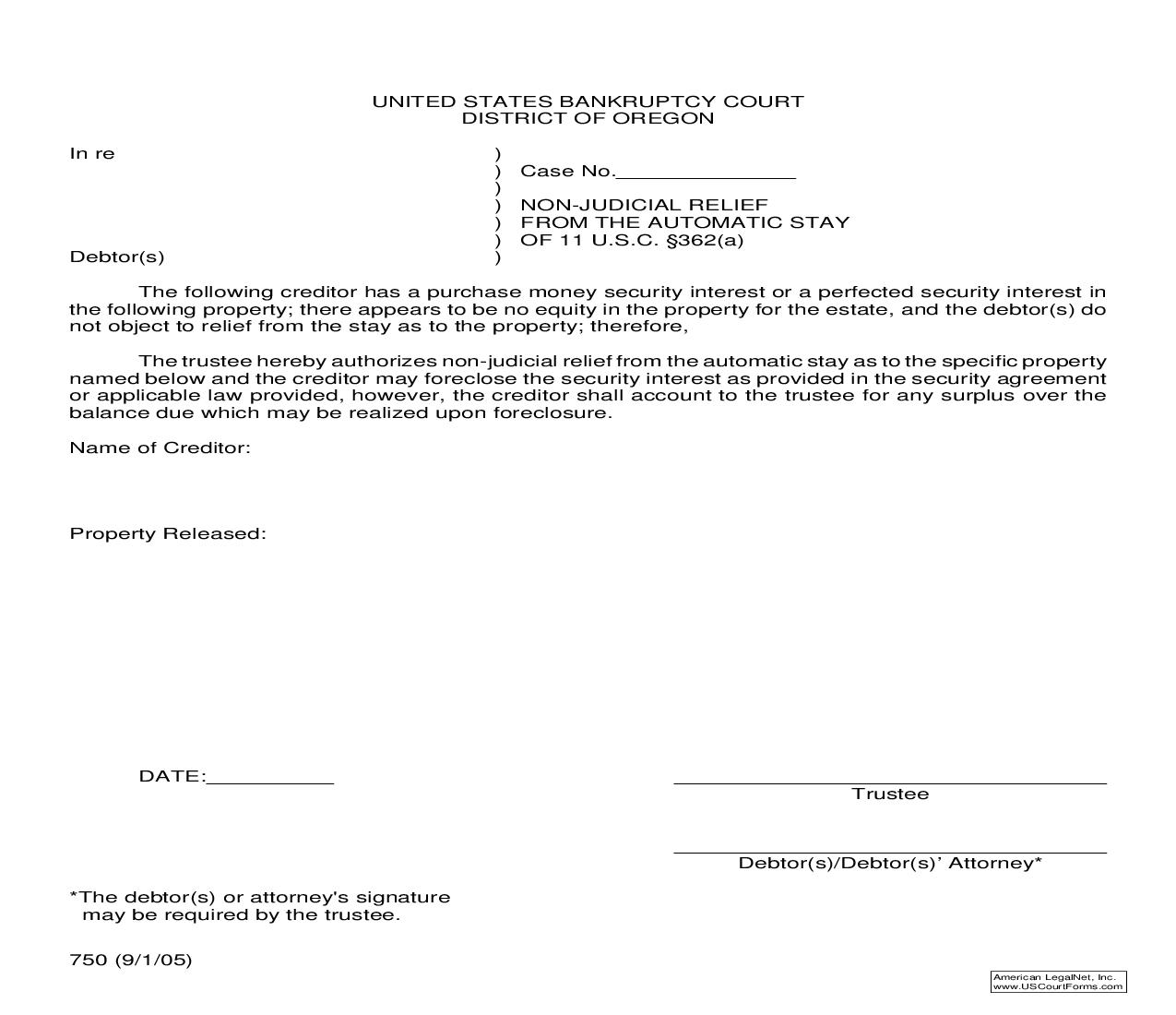 Non Judicial Relief From Automatic Stay {750} | Pdf Fpdf Doc Docx | Oregon