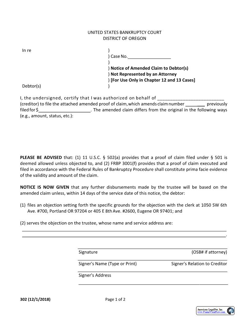Notice Of Amended Claim Ch 12 And 13 {302} | Pdf Fpdf Docx | Oregon