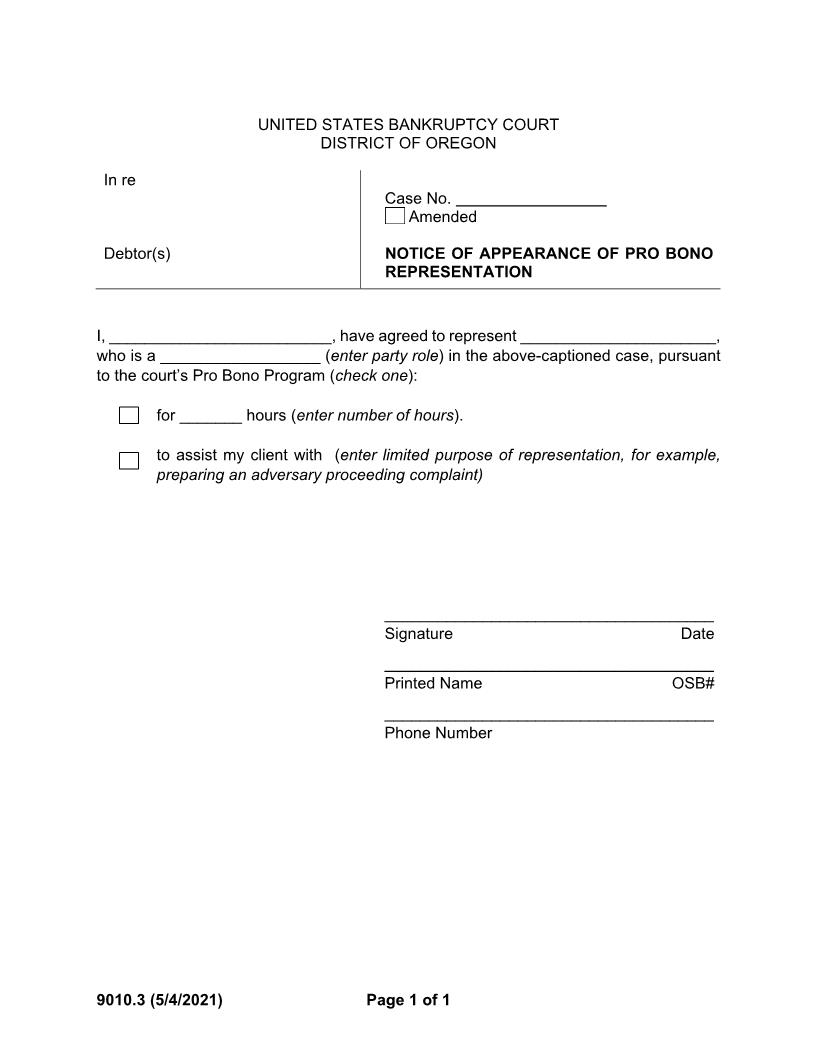 Notice Of Appearance Of Pro Bono Representation {9010.3} | Pdf Fpdf Docx | Oregon